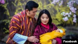 The photograph released by Bhutan's King King Jigme Khesar Namgyal Wangchuck on his Facebook page on Feb. 20, 2016, shows His Majesty The King and Her Majesty The Gyaltsuen with the royal baby His Royal Highness The Gyalsey at Lingkana Palace.