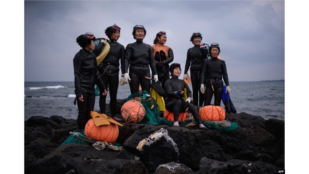 A group of haenyeo pose for photographers as they perform a demonstration during a media event organized by the Foreign Press Center, on South Korea's southern island of Jeju, Nov. 6, 2015. The term haenyeo, or sea women, refers to women who use free-diving techniques to retrieve shell fish from the sea floor.