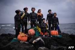 A group of haenyeo pose for photographers as they perform a demonstration during a media event organized by the Foreign Press Center, on South Korea's southern island of Jeju, Nov. 6, 2015. The term haenyeo, or sea women, refers to women who use free-diving techniques to retrieve shell fish from the sea floor.