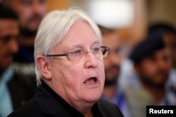 The newly appointed U.N. envoy to Yemen, Martin Griffiths, speaks to reporters upon his arrival at Sanaa airport in Sanaa, Yemen, March 24, 2018.