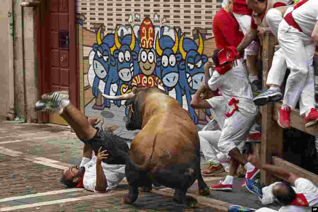 A reveler is gored by a Cebada Gago&#39;s ranch fighting bull during the running of the bulls in Pamplona, Spain. A hospital official says five people were gored by bulls in a hair-raising second running of the bulls at the San Fermin festival.