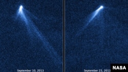 This NASA Hubble Space Telescope set of images from Sept. 10, 2013 reveals a never-before-seen set of six comet-like tails radiating from a body in the asteroid belt designated P/2013 P5. (NASA, ESA, D.Jewitt/UCLA)