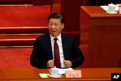 FILE - Chinese President Xi Jinping adjusts his jacket during the opening session of the Chinese People's Political Consultative Conference (CPPCC) was held in Beijing, China, March 3, 2017.