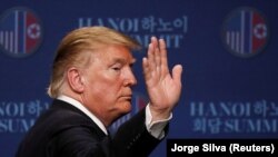 VIETNAM -- U.S. President Donald Trump reacts during a news conference after his summit with North Korean leader Kim Jong Un, at the JW Marriott Hotel in Hanoi, February 28, 2019