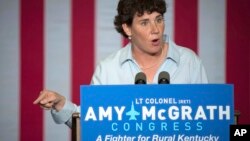 FILE - Democratic congressional candidate Amy McGrath speaks during a campaign event in Owingsville, Ky., Oct. 12, 2018.