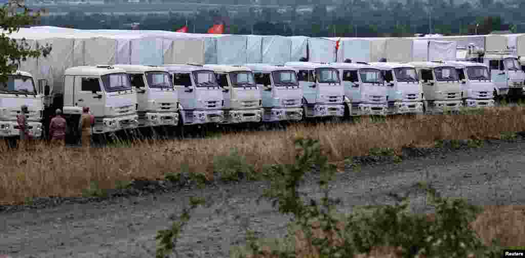 A Russian convoy carrying humanitarian aid for Ukraine is parked at a camp in Kamensk-Shakhtinsky, Rostov region, Aug. 19, 2014.