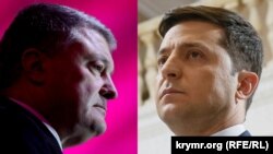 UKRAINE -- A combo photo shows presidential candidates Petro Poroshenko (left) and Volodymyr Zelenskyy