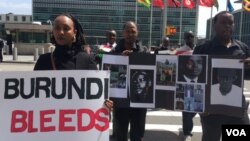 Members of the Burundian diaspora and exiled civil society leaders gathered at the United Nations, demanding action to stop violence in Burundi, April 26, 2016. (M. Besheer/VOA)