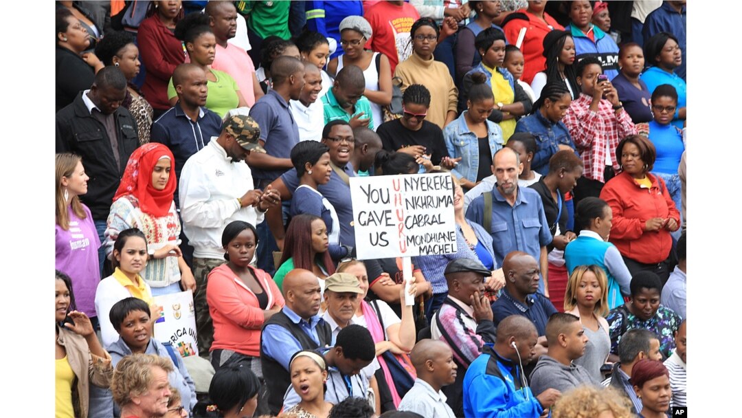FILE - A peace march against xenophobia takes place in Durban, South Africa, April 16, 2015.