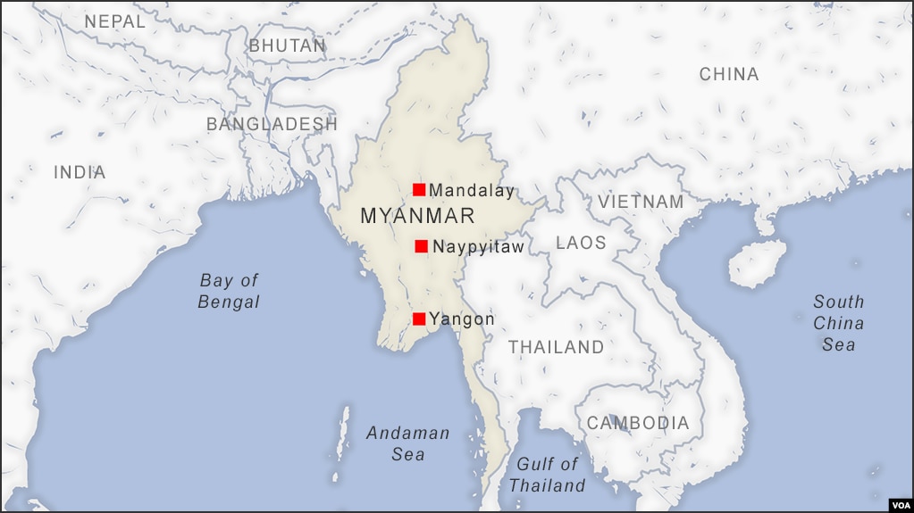 英语缅甸地图上标出的内比都、曼德勒和仰光等城市。(photo:VOA)