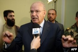 Abdel Rahim Mrad speaks to the press March 6, 2005 in Beirut.
