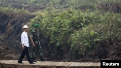FILE - Indonesian President Joko Widodo (L) inspects a canal in Pulang Pisau, Central Kalimantan, Oct. 31, 2015. 