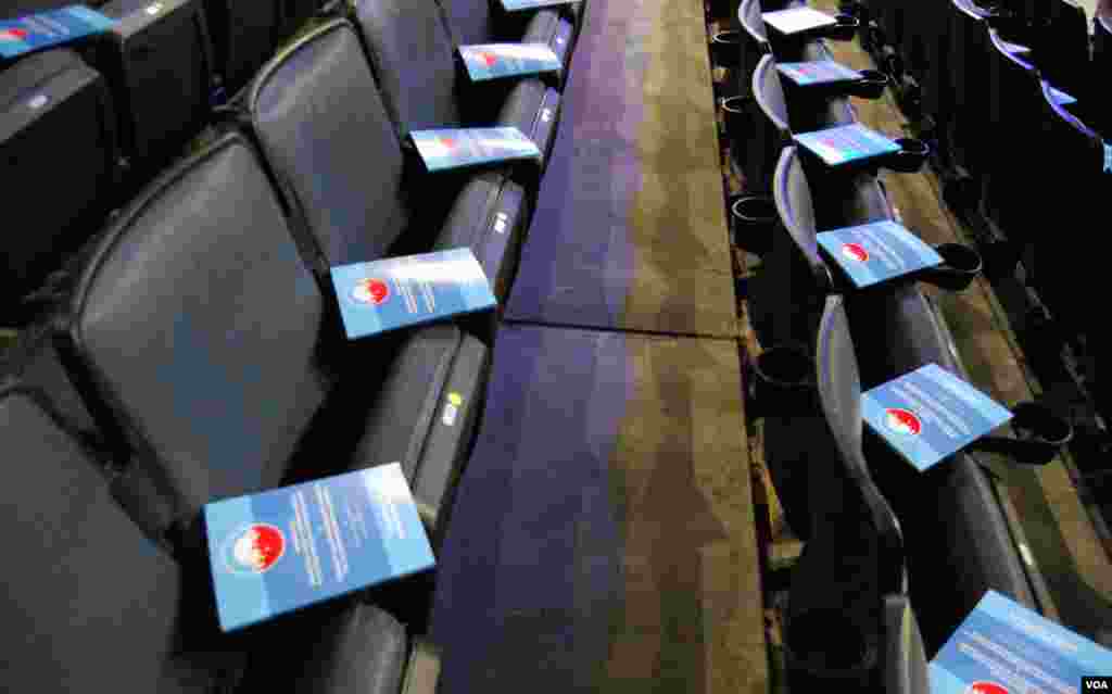 Programs laid out for guests inside the convention center. (J. Featherly/VOA)