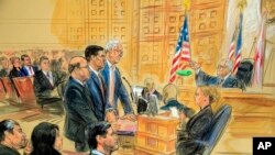 his courtroom sketch depicts former President Donald Trump's former national security adviser Michael Flynn, standing (C), flanked by his lawyers, listening to U.S. District Judge Emmet Sullivan (R).