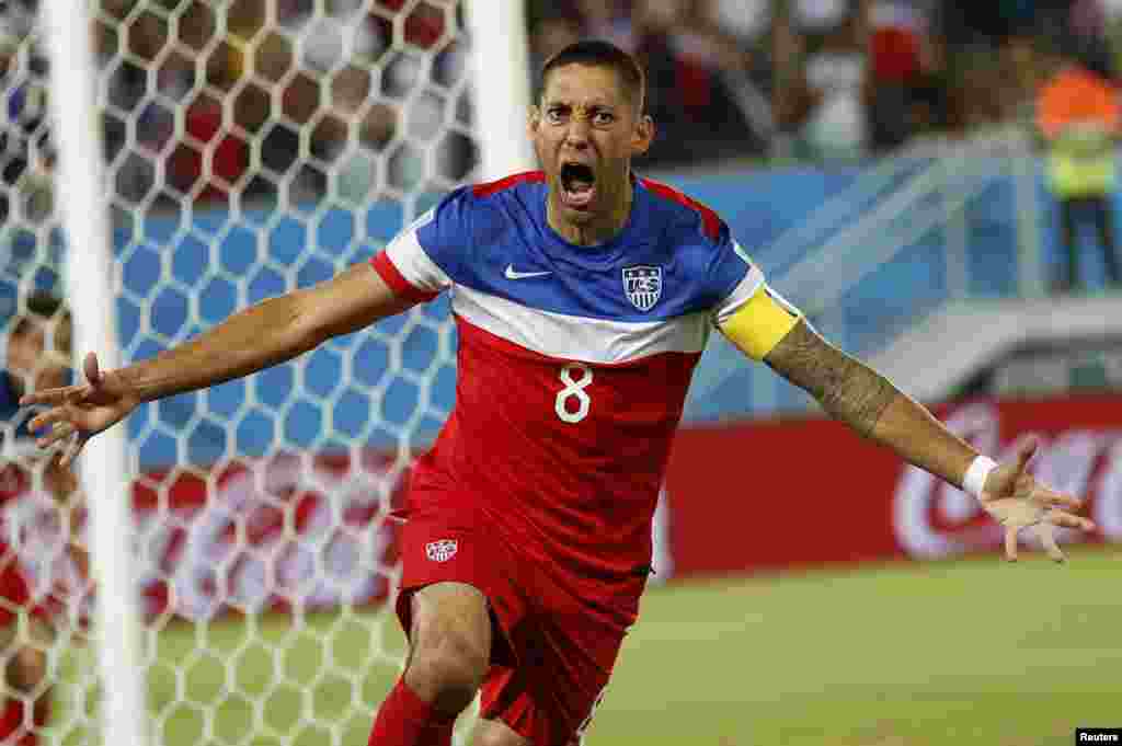 Clint Dempsey of the U.S. celebrates after scoring their first goal during their 2014 World Cup Group G soccer match against Ghana at the Dunas arena in Natal, June 16, 2014.