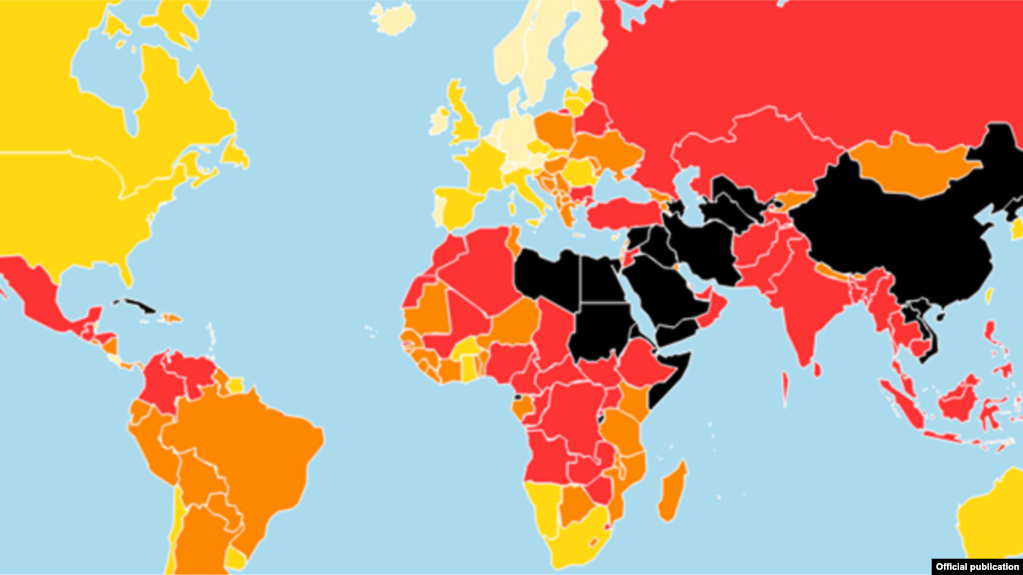 Карта из ежегодного индекса свободы прессы, отражающая ситуацию в различных странах мира 