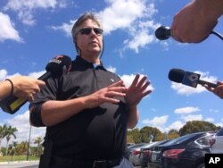 Joe Smitha of Palm Harbor, Fla., speaks with reporters on Saturday, March 17, 2018, about his niece, Alexa Duran, whose family has identified her as one of at least six victims of a bridge collapse near the Florida International University campus in the M