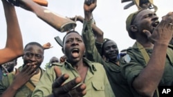 Soldiers from Sudan's army celebrate after gaining control of the area, at the Blue Nile state capital al-Damazin, September 5, 2011.