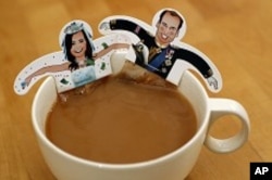 Souvenir teabags with depictions of Britain's Prince William and Kate Middleton are seen in London.