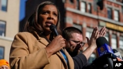 New York Attorney General Letitia James speaks during a rally in support of living wages for home care workers in New York, Dec. 14, 2021. 