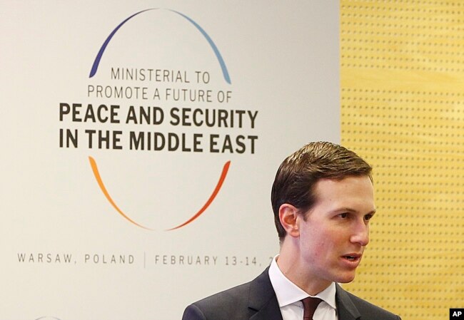 FILE - White House Senior Adviser Jared Kushner attends at a conference on Peace and Security in the Middle East in Warsaw, Poland, Feb. 14, 2019.