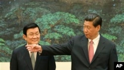 Chủ tịch nước Việt Nam Trương Tấn Sang gặp Chủ tịch Trung Quốc Tập Cận Bình tại Sảnh đường Nhân dân ở Bắc Kinh, ngày 19/6/2013.
