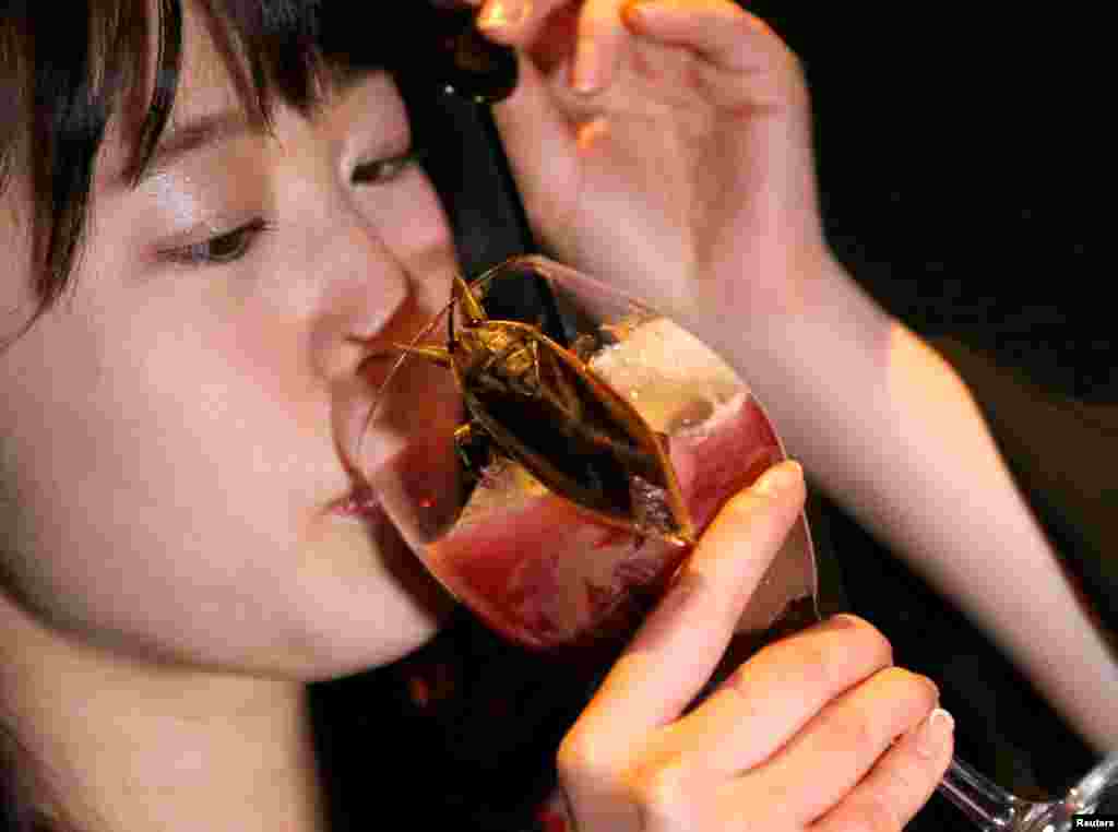 A woman drinks a cocktail with whipped cream containing juice of water bugs at a bar in downtown Tokyo, Japan, Feb. 12, 2017.