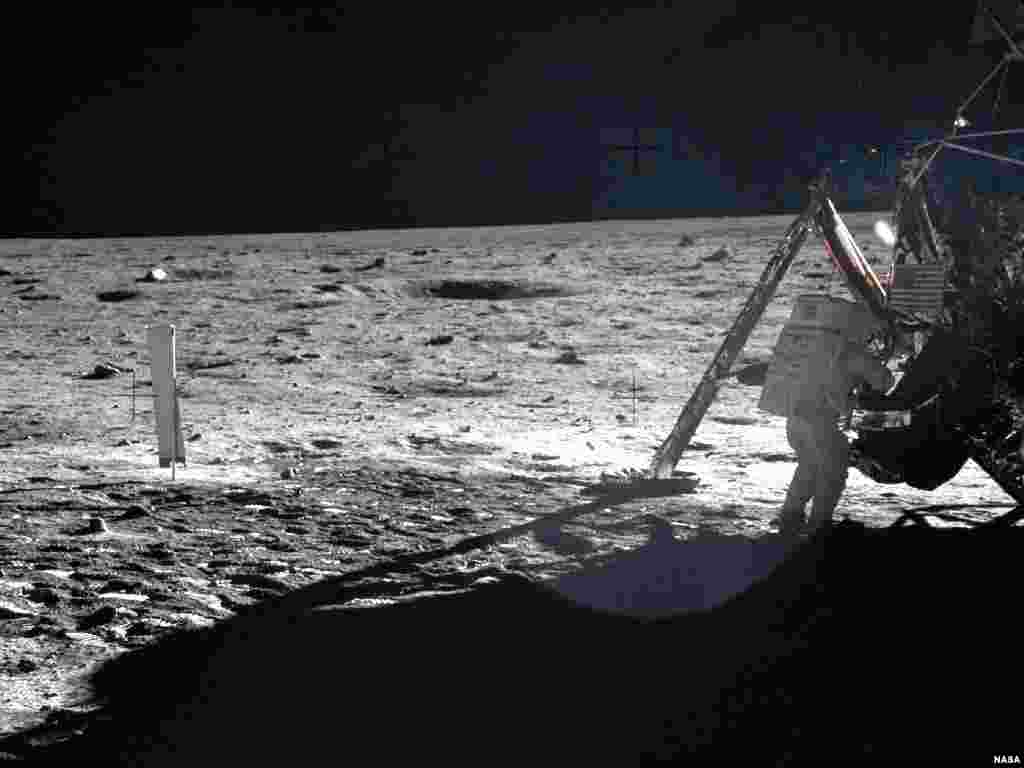 Apollo 11 astronauts trained on Earth to take individual photographs in succession in order to create a series of frames that could be assembled into panoramic images. This frame from Buzz Aldrin's panorama of the Apollo 11 landing site is the only good p