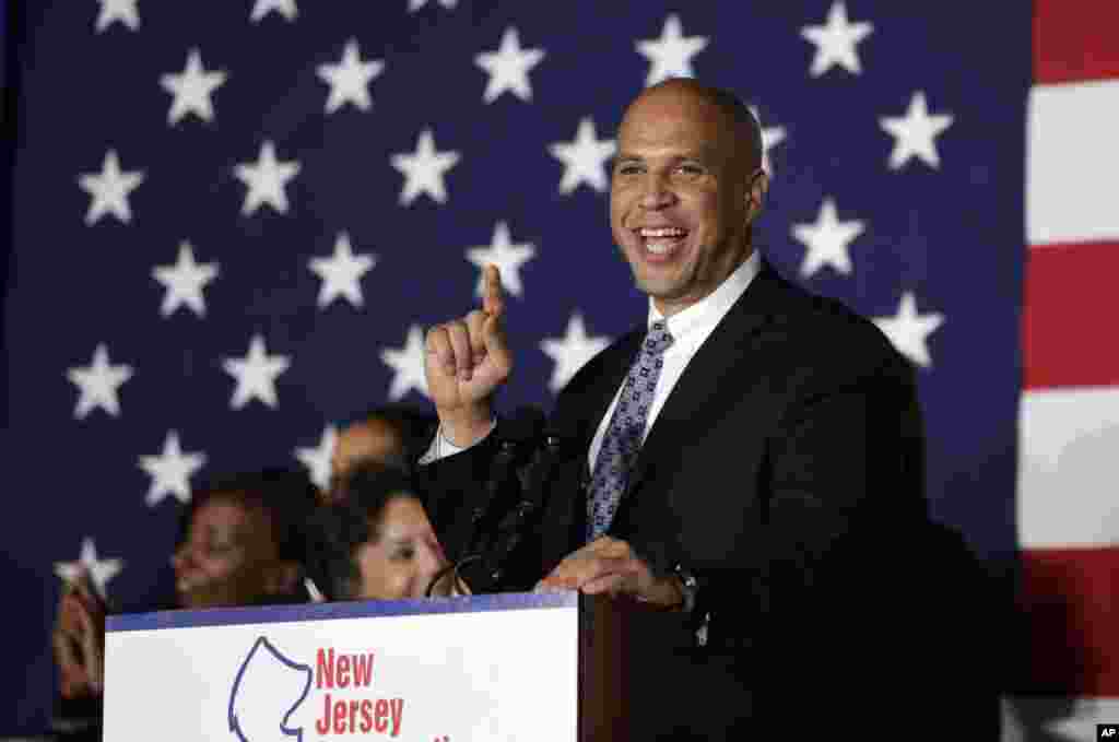 Sen. Cory Booker, D-N.J., addresses supporters during an election night victory gathering, Nov. 4, 2014, in Newark, N.J. 
