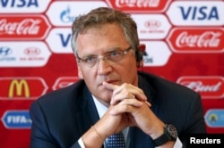 FILE - Then FIFA secretary general Jerome Valcke attends a news conference during his visit to Samara, one of the 2018 World Cup host cities, Russia, June 10, 2015.