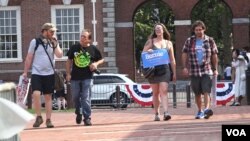 People walk along the Independence Hall, the historic place in Philadelphia, Pennsylvania. July, 27 2016.