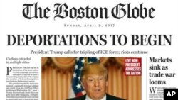 Halaman depan satiris harian The Boston Globe edisi 9 April 2016.