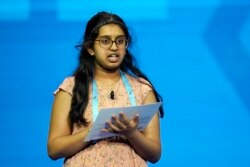Chaitra Thummala, 12, from Frisco, Texas compete during the finals of the 2021 Scripps National Spelling Bee at Disney World Thursday, July 8, 2021.