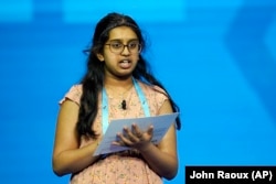 Chaitra Thummala, 12, from Frisco, Texas compete during the finals of the 2021 Scripps National Spelling Bee at Disney World Thursday, July 8, 2021.