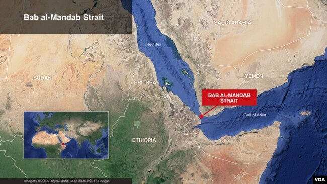 Map of Bab al Mandab Strait off southwestern Yemen