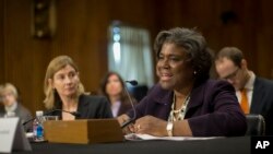 File - U.S. Assistant Secretary of State for African Affairs Linda Thomas-Greenfield, right, testifies on Capitol Hill.