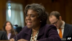 FILE - U.S. Assistant Secretary of State for African Affairs Linda Thomas-Greenfield testifies on Capitol Hill, Jan. 9, 2014