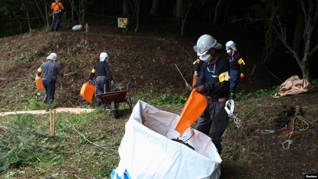 Công nhân dọn dẹp lá cây, đất đai bị nhiễm phóng xạ ở làng Kawauchi, thuộc quận Fukushima, ngày 5/7/2013. 