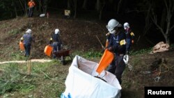 Công nhân dọn dẹp lá cây, đất đai bị nhiễm phóng xạ ở làng Kawauchi, thuộc quận Fukushima, ngày 5/7/2013. 