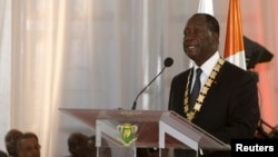 Ivory Coast President Alassane Ouattara speaks during his inauguration ceremony at the Presidential Palace in Abidjan, Nov. 3, 2015. Ouattara reappointed Daniel Kablan Duncan as prime minister and called for greater unity within the government, Jan. 06, 2016.