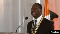 Ivory Coast President Alassane Ouattara speaks during his inauguration ceremony at the Presidential Palace in Abidjan, Ivory Coast, Nov. 3, 2015.