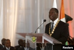 FILE - Ivory Coast President Alassane Ouattara speaks during his inauguration ceremony at the Presidential Palace in Abidjan, Ivory Coast, Nov. 3, 2015.