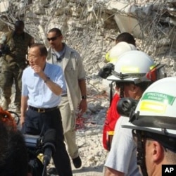 United Nations Secretary-General Ban Ki-Moon inspects the damage at the U.N. Headquarters in Port-au-Prince, 17 Jan 2010