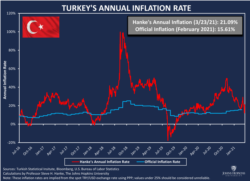 Prof. Steve Hanke'nin verilerine göre Türkiye'deki yıllık enflasyonu gösteren grafik, 23 Mart 2021.