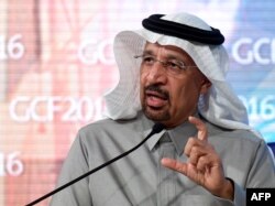 FILE - Khalid al-Falih, the chairman of Saudi state oil giant Aramco, addresses the 10th Global Competitiveness Forum on Jan. 25, 2016, in the capital Riyadh.