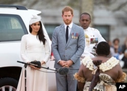 FILE - Prince Harry, Duke of Sussex and Meghan, Duchess of Sussex attend an official welcome ceremony in Albert Park on October 23, 2018 in Suva, Fiji. (Vantage News/IPx)