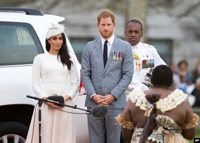 FILE - Prince Harry, Duke of Sussex and Meghan, Duchess of Sussex attend an official welcome ceremony in Albert Park on October 23, 2018 in Suva, Fiji. (Vantage News/IPx)