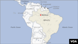 Map showing location of the city of Manaus, where the plane took off before crashing while trying to land during stormy weather in northern Brazil.