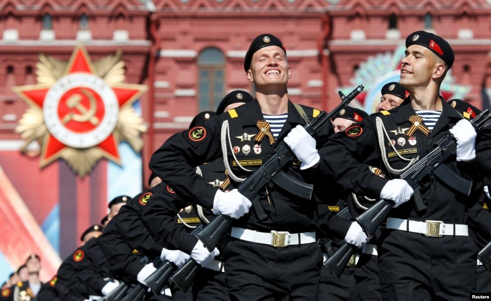 Russian servicemen march during the Victory Day parade, marking the 71st anniversary of the victory over Nazi Germany in World War Two, at Red Square in Moscow, Russia.