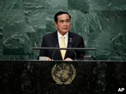 FILE - Thai Prime Minister Prayut Chan-o-cha speaks during the 71st session of the United Nations General Assembly, Sept. 21, 2016, at U.N. headquarters.